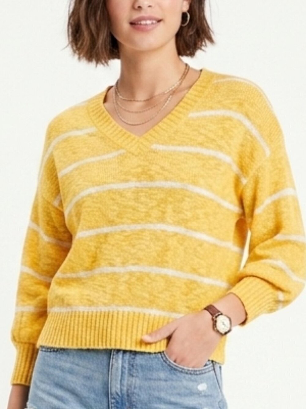 DVF Diane Von Furstenberg Yellow Striped V-Neck Sweater Small VINTAGE 80s